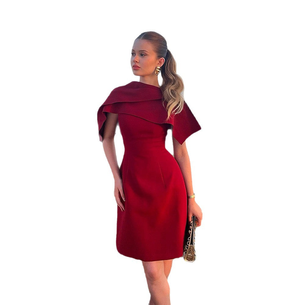 Damen Elegantes Cape-Kleid mit taillierter A-Linie und Stehkragen Drune