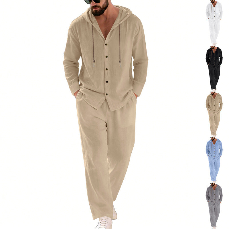Herren nan zweiteiliges Lounge-Set mit Knopf-Kapuzenhemd aus Kreppjersey und gerader Tunnelzughose Drune