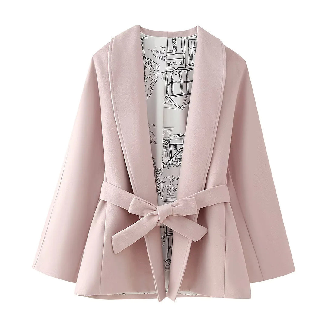 Damen nan kurzjacke mit weitem Schalkragen, tailliertem Bindegürtel und gemustertem Innenfutter Drune