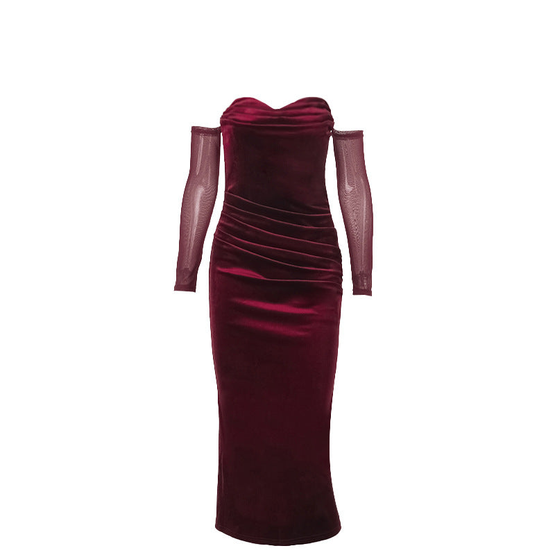 Damen figurbetontes Midi-Kleid mit transparenten Ärmeln und Rüschendetails Drune