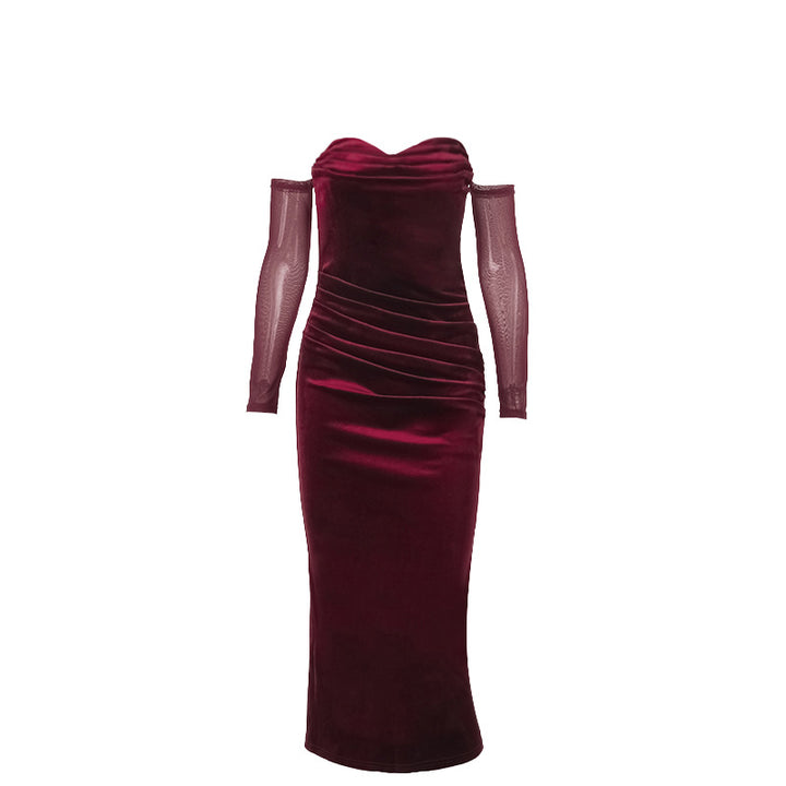 Damen figurbetontes Midi-Kleid mit transparenten Ärmeln und Rüschendetails Drune