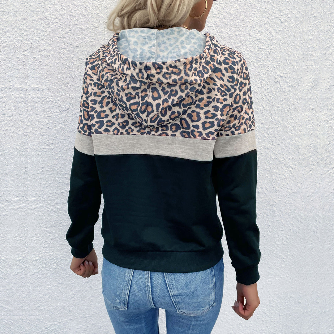 Damen Kapuzenpullover im Blockdesign mit Leopardenmuster, Kängurutasche und Tunnelzug Drune