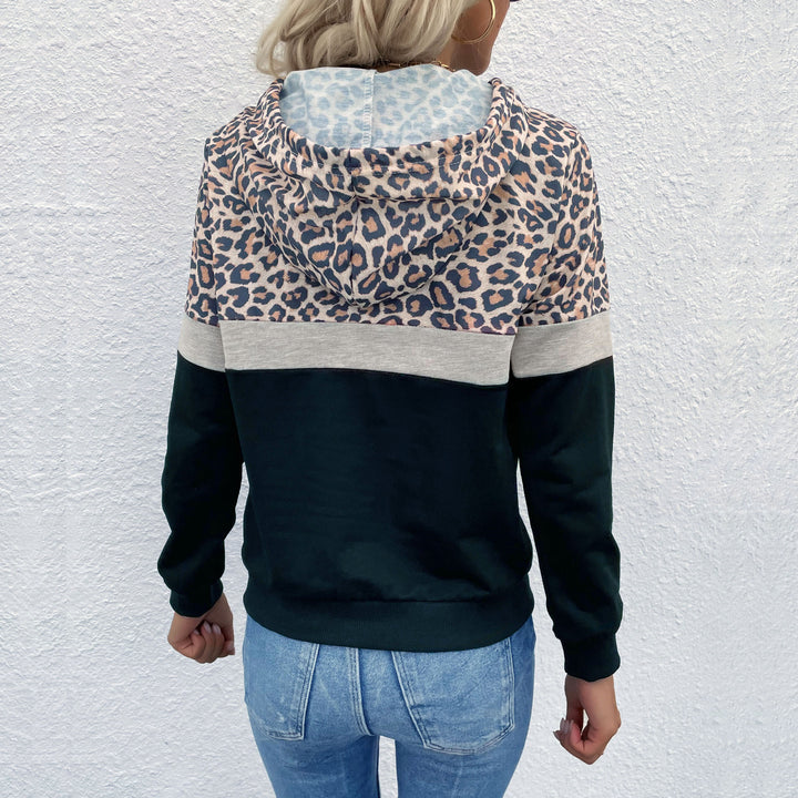 Damen Kapuzenpullover im Blockdesign mit Leopardenmuster, Kängurutasche und Tunnelzug Drune