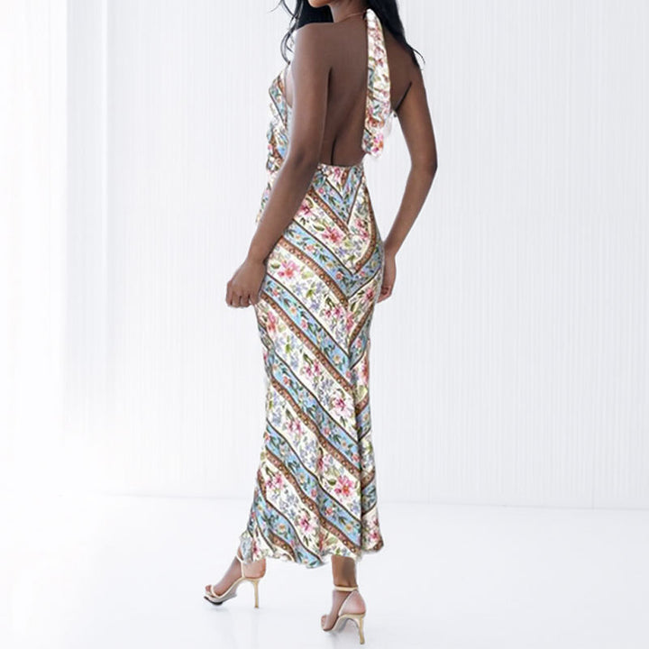 Damen Maxikleid mit hochwertigem floralem Design und bindbarem Nacken Drune