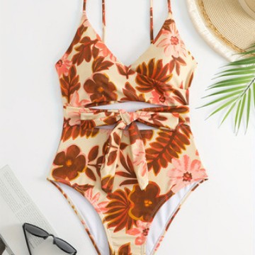Damen Eleganter Blumenmuster Einteiler Badeanzug Drune