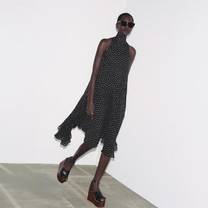 Damen nan ärmelloses hochgeschlossenes Midikleid mit schwingendem Volantrock und femininer A-Linie Drune