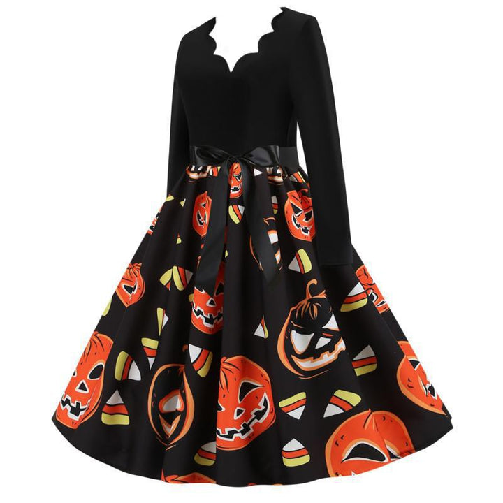 Damen Vintage A-Linien-Kleid mit gewelltem Ausschnitt, Taillenschärpe und Kürbis-Print Drune