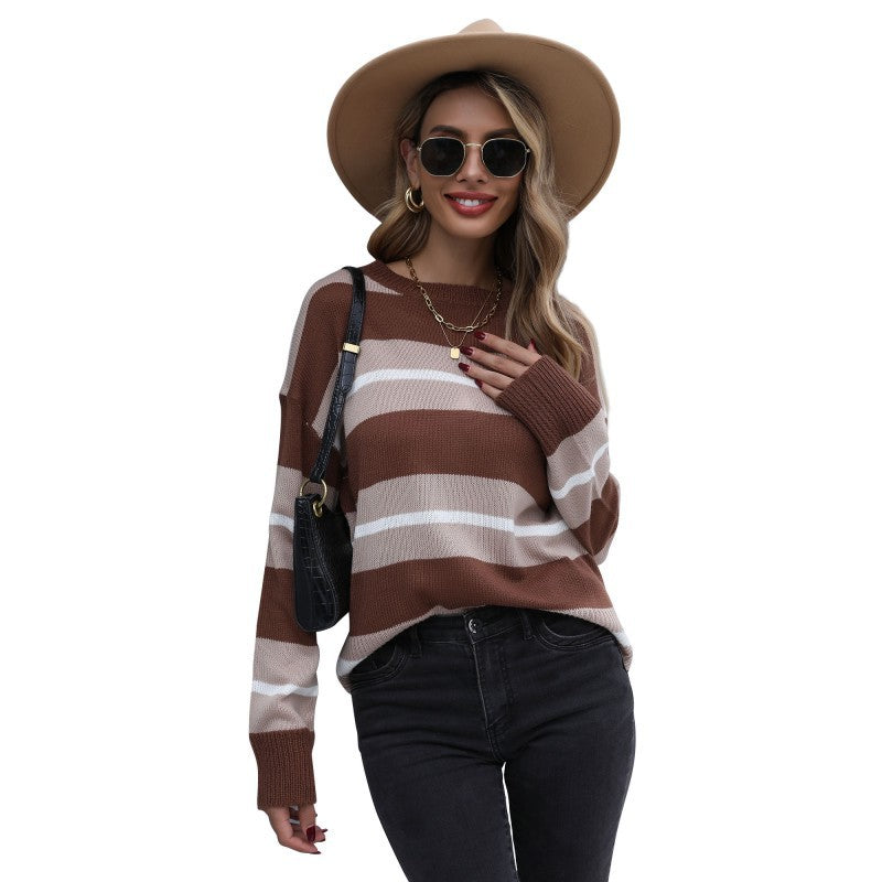 Damen Gestreifter Feinstrickpullover mit Rundhals und legerer Oversize-Passform Drune