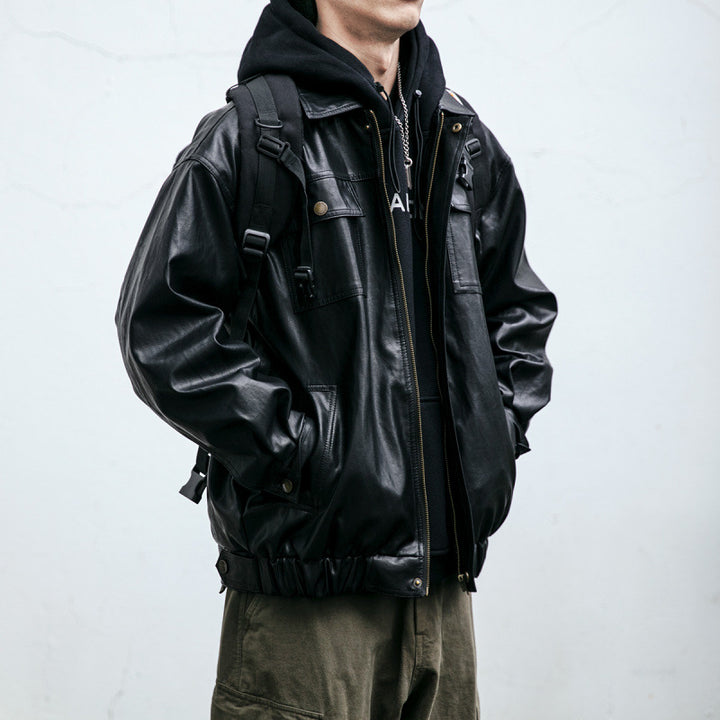Herren Oversized Lederoptik-Utility-Jacke mit Pattentaschen und elastischem Saum Drune