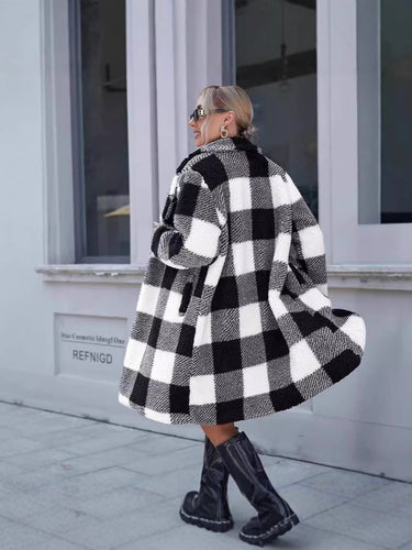 Drune | Langer Mantel - Oversized Fit - Weicher Sherpa-Textur - Kariertes Muster - Wickelkragen