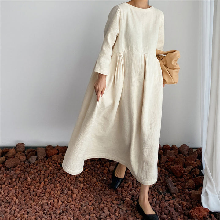 Damen Maxikleid aus Leinenmix mit geraffter Hüftpasse, seitlichen Eingrifftaschen und weitem Tellerrock Drune