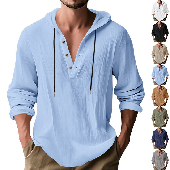 Herren nan lässiges Kapuzen-Henley Leinenmix Overshirt mit Kordelzug Drune
