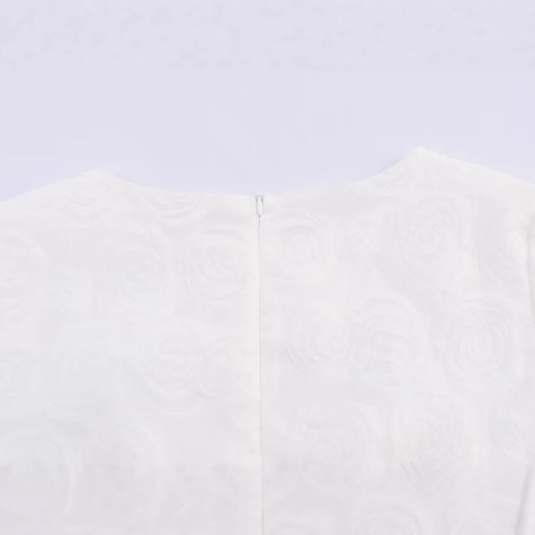 Damen Kurzes A-Linien-Kleid mit Rosen-Jacquard, Volantärmeln und Ziergürtel Drune