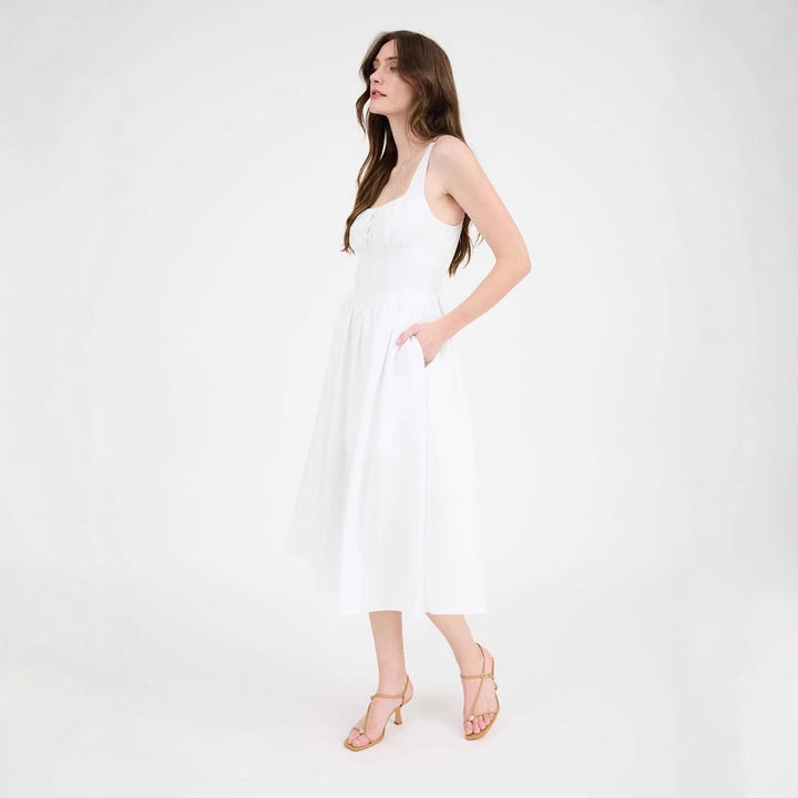 Damen elegante Sommermittelkleid mit tiefem Ausschnitt und praktischen Taschen Drune