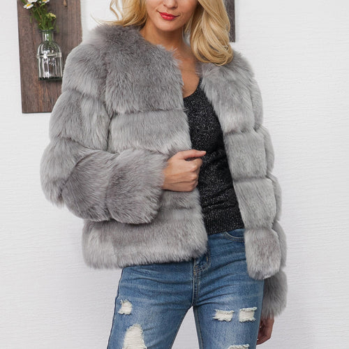 Damen Flauschige Kunstpelzjacke mit voluminösen Ärmeln und elegantem Schnitt Drune