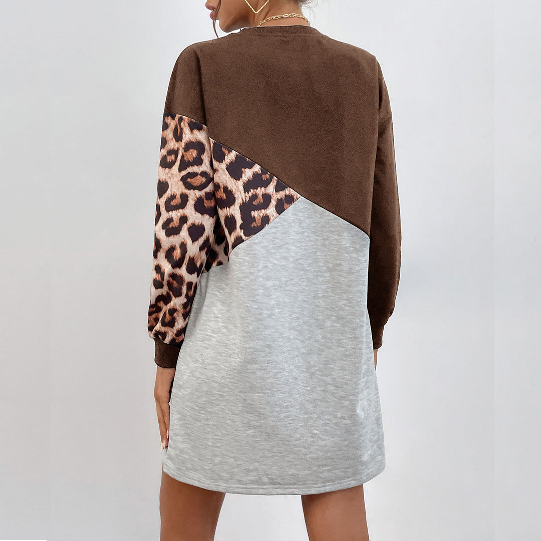 Damen Oversize-Sweatkleid mit Colorblock-Design und Leopardenärmeln Drune