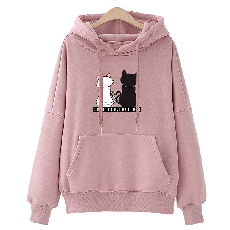 Damen Kapuzenpullover mit Katzen-Print, lockerem Schnitt und Kängurutasche Drune