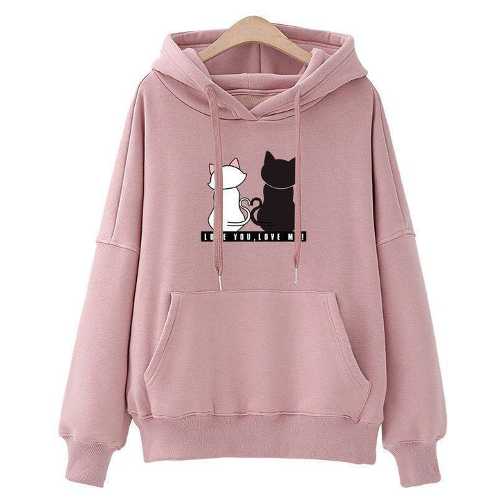 Damen Kapuzenpullover mit Katzen-Print, lockerem Schnitt und Kängurutasche Drune
