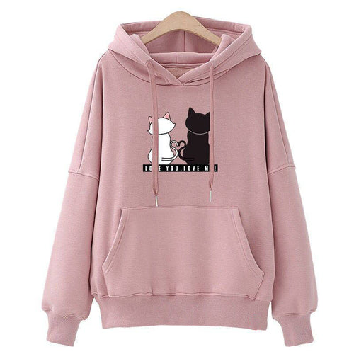 Damen Kapuzenpullover mit Katzen-Print, lockerem Schnitt und Kängurutasche Drune
