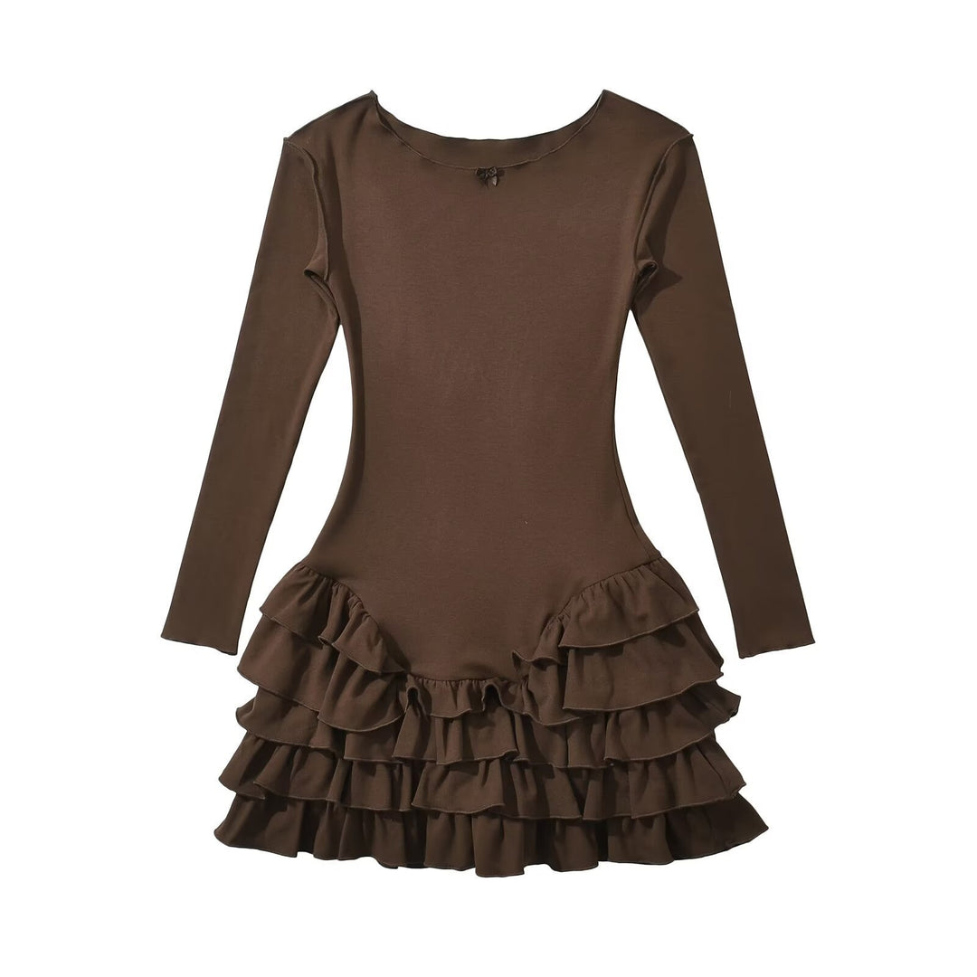 Damen Rüschens Mini-Kleid mit langen Ärmeln und ausgestelltem Saum Drune