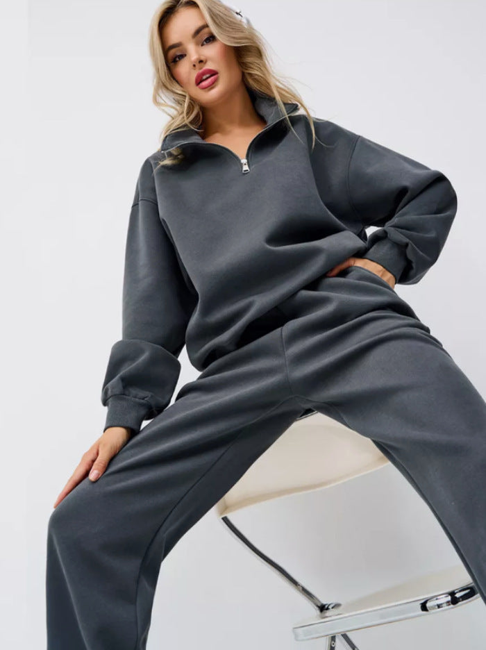 Damen Sweatset mit Halbreißverschluss, oversized Pullover und hochtaillierter weit geschnittener Jogginghose Drune