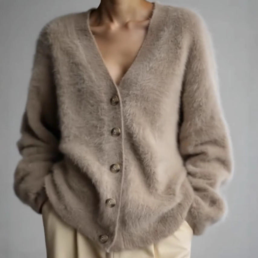 Damen Flauschiger Eyelash-Mix Oversize-Cardigan mit V-Ausschnitt und dekorativen Holzknöpfen Drune