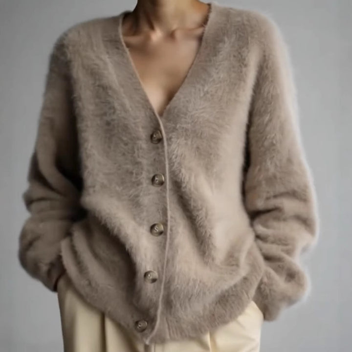 Damen Flauschiger Eyelash-Mix Oversize-Cardigan mit V-Ausschnitt und dekorativen Holzknöpfen Drune