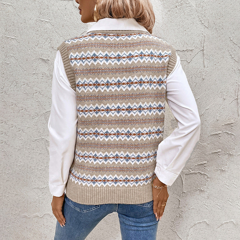 Damen Modischer Strickpullover mit V-Ausschnitt und geometrischem Muster Drune