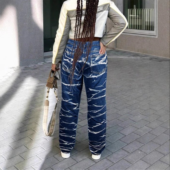 Damen High-Waist Straight-Jeans mit bleached Wave-Muster und Relaxed-Passform Drune