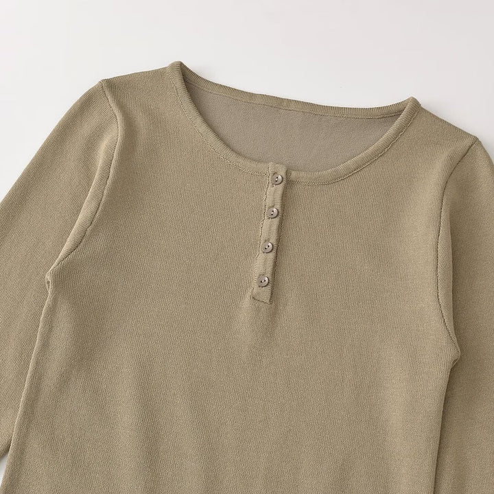 Damen Feinstrick-Longsleeve mit Henley-Knopfleiste und ausgestellten Trompetenärmeln Drune