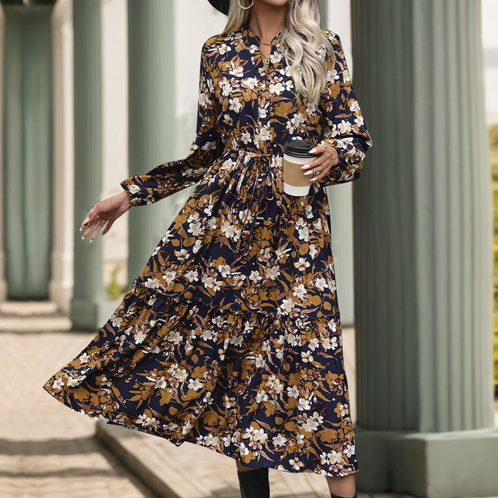 Damen Langärmeliges Midikleid mit Bindegürtel, Stufensaum und seitlichem Schlitz Drune