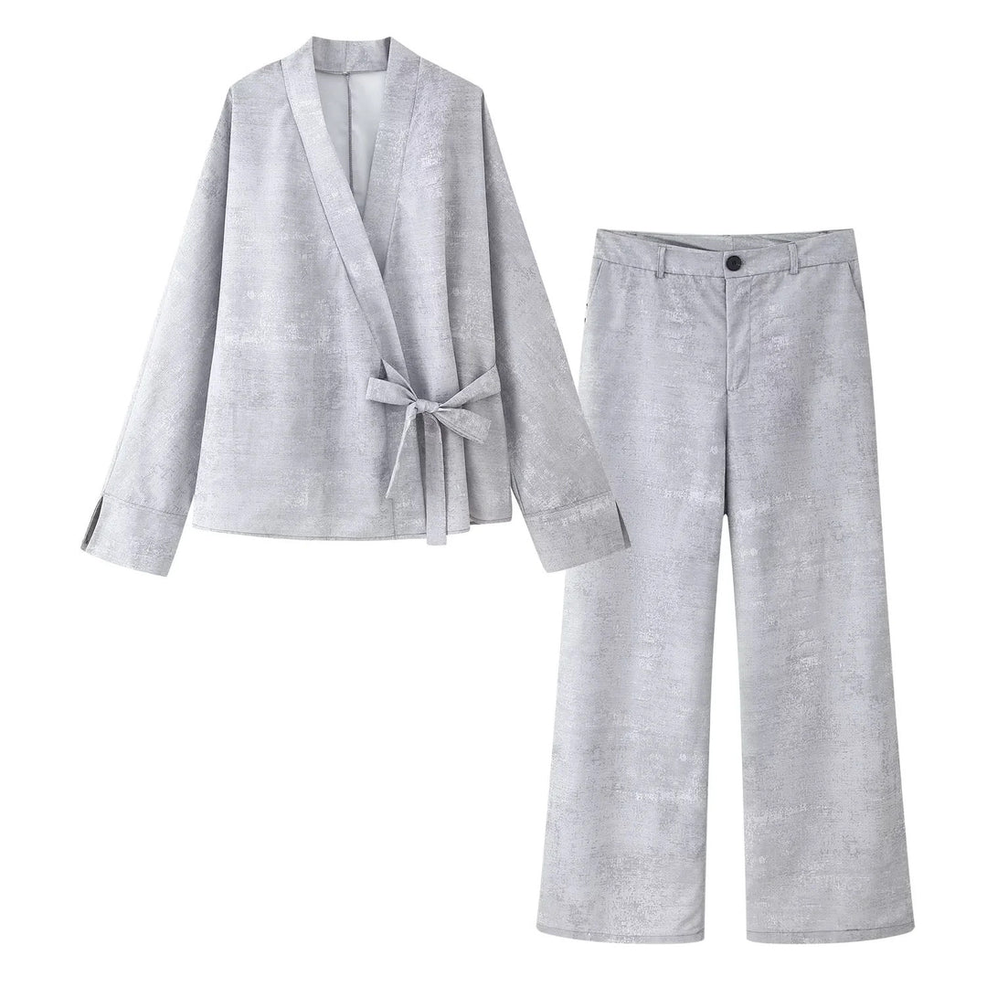Damen elegantes Wickeloberteil und breite Hose Set Drune