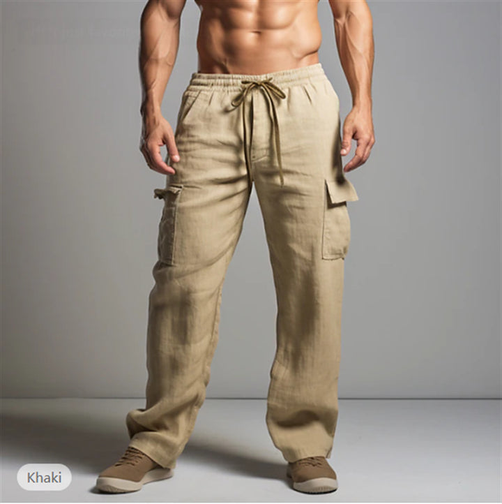 Herren leichte Leinen Cargohose mit elastischem Bund und großen Seitentaschen Drune