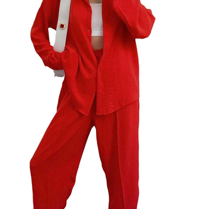 Damen Lässiges zweiteiliges Lounge-Set aus Crêpe mit Oversize-Hemd und hohem Elastikbund Drune