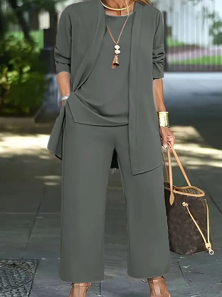 Damen Elegantes Zweiteiler-Set mit offenem Longcardigan, ärmellosem Top und weiter Palazzo-Hose Drune