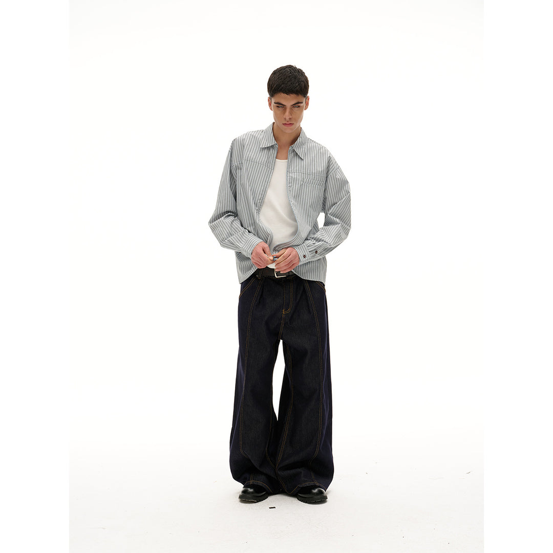 Unisex Leichte gestreifte Hemdjacke mit durchgehendem Reißverschluss und Brustpaspeltasche Drune