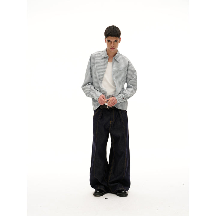 Unisex Leichte gestreifte Hemdjacke mit durchgehendem Reißverschluss und Brustpaspeltasche Drune
