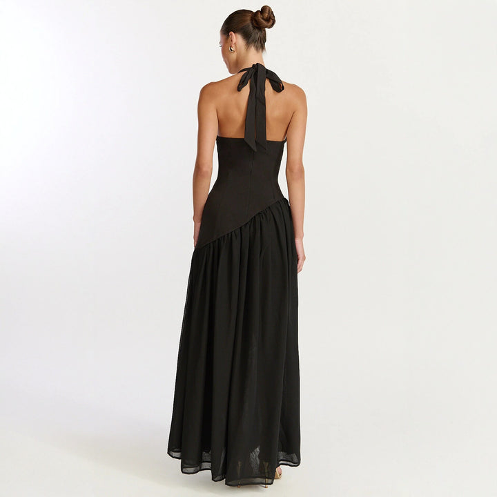 Damen Maxikleid mit tiefem V-Ausschnitt und asymmetrischem Rock Drune