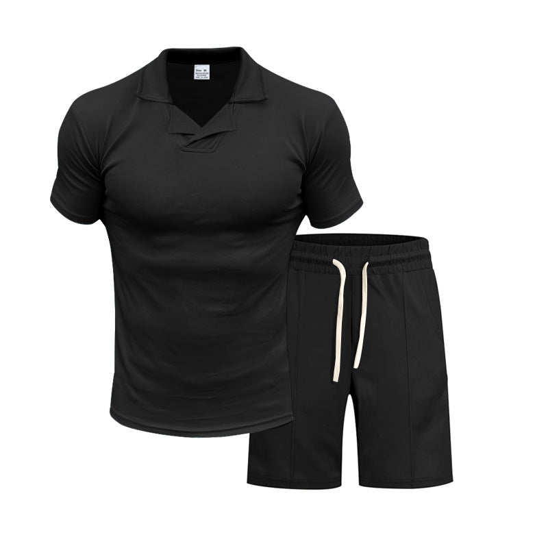 Herren nan kurzärmeliges Polo-Lounge-Set mit V-Einsatz am Kragen und Kordelzug-Bermuda Drune