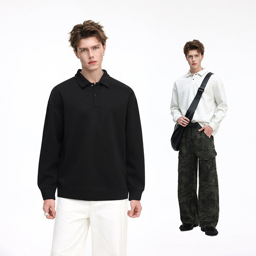 Herren Oversize Waffelstruktur-Polopullover mit halber Knopfleiste und gerippten Bündchen Drune