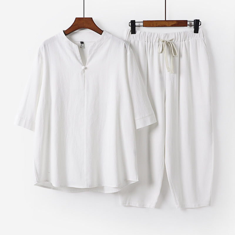 Damen Leichtes Leinen-Baumwoll-Loungewear-Set mit Stehkragen, Dreiviertelärmeln und Gummizugbundhose Drune