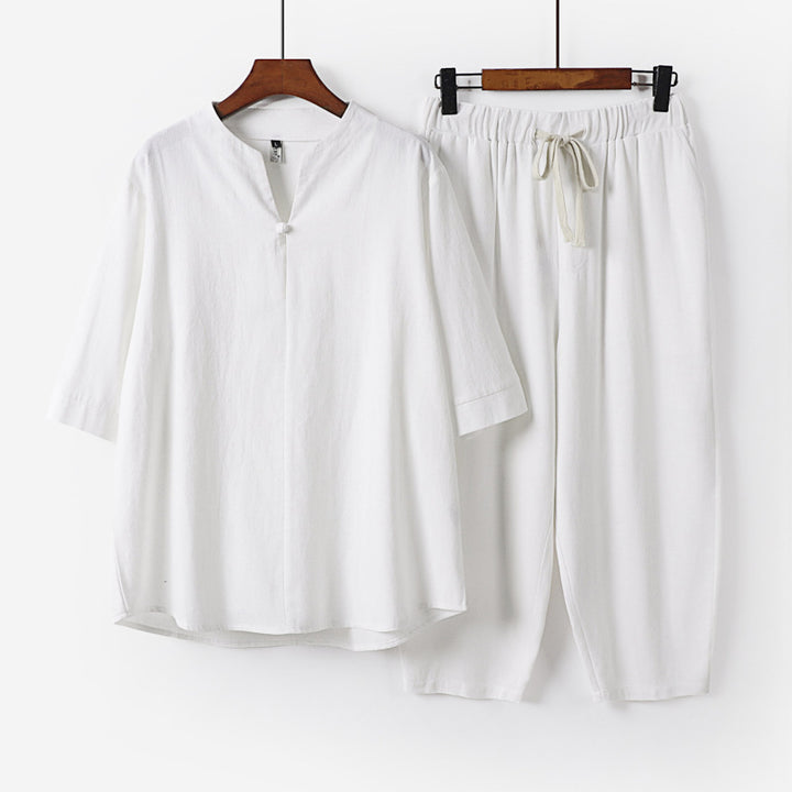 Damen Leichtes Leinen-Baumwoll-Loungewear-Set mit Stehkragen, Dreiviertelärmeln und Gummizugbundhose Drune