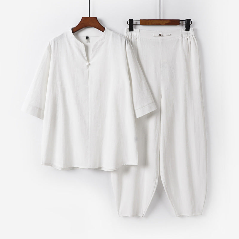 Herren Zweiteiliges Leichtes Leinen-Baumwoll-Set mit Mandarin-Kragen und elastischer Bundhose Drune