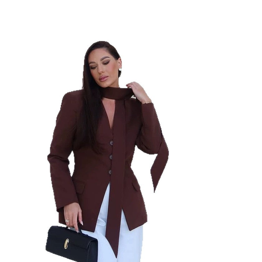 Damen Elegantes tailliertes Blazer-Hosen-Set mit integriertem Halstuch und V‑Ausschnitt Drune