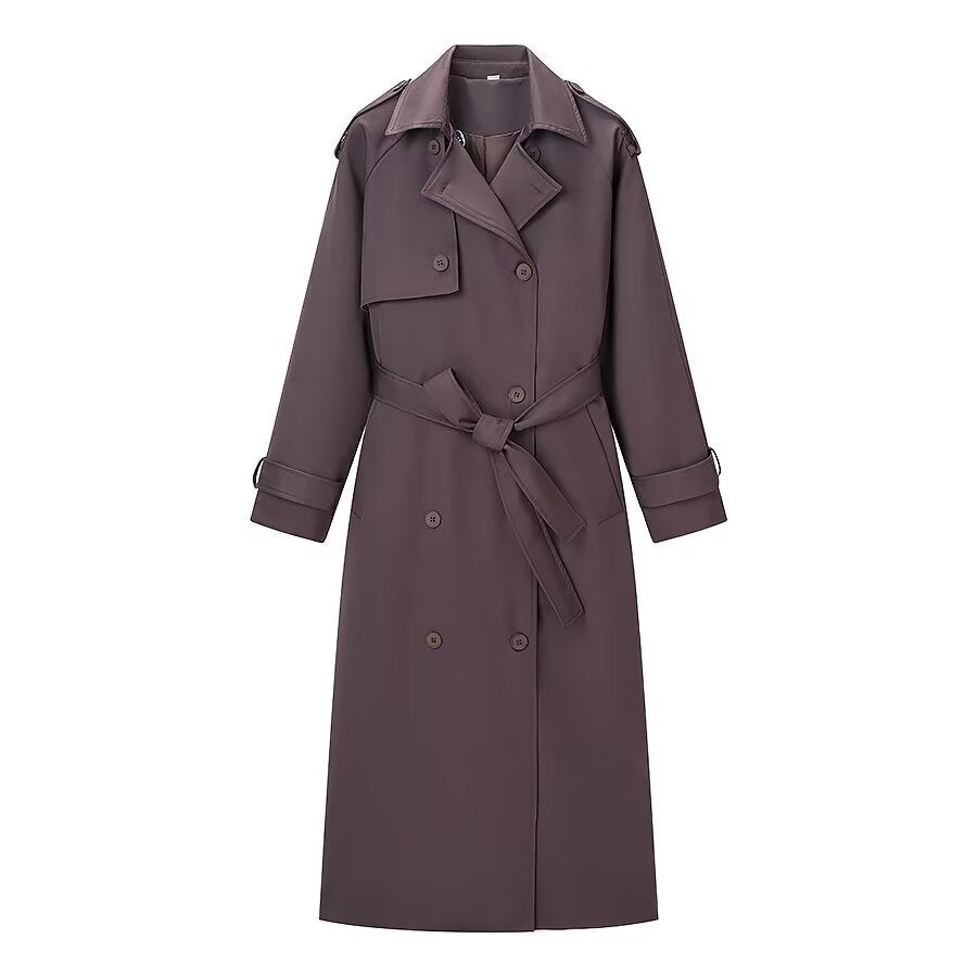 Damen Langer Taillierter Trenchcoat mit Bindegürtel und Doppelreihe Drune