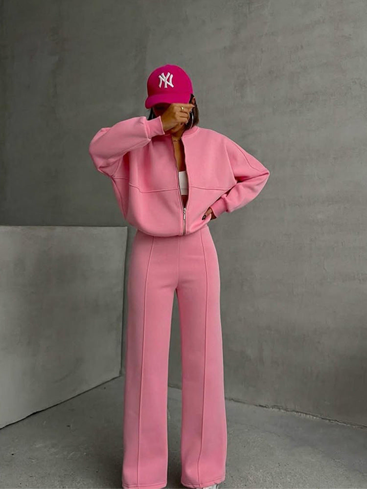 Damen sportive Oversize-Fleecejacke mit diagonaler Reißverschluss-Optik und weit geschnittener High-Waist-Jogginghose Drune