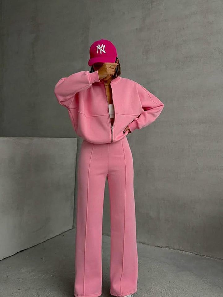 Damen sportive Oversize-Fleecejacke mit diagonaler Reißverschluss-Optik und weit geschnittener High-Waist-Jogginghose Drune