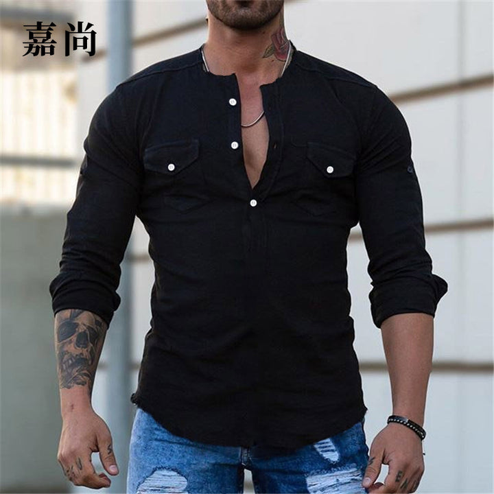 Herren Schmal geschnittenes Henleyshirt mit Brusttaschen und halber Knopfleiste Drune