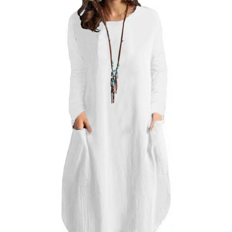 Damen Langes A‑Linien Leinenoptik Kleid mit Eingrifftaschen und Rundhalsausschnitt Drune