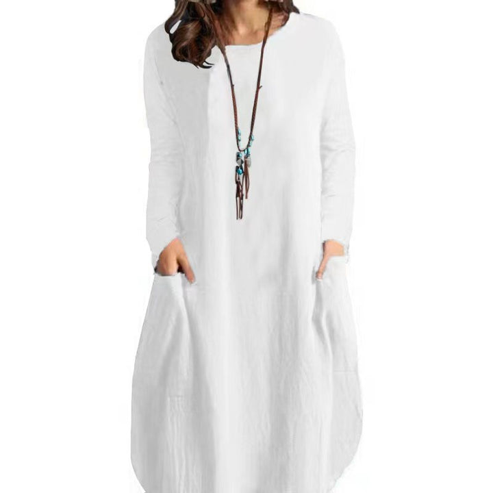 Damen Langes A‑Linien Leinenoptik Kleid mit Eingrifftaschen und Rundhalsausschnitt Drune